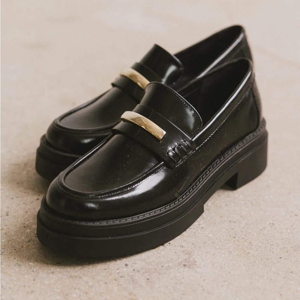 Steve Madden Black Patent Loafers with Gold Accent